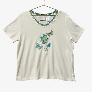 SALE!! Alfred Dunner Womens Embellished Tee Large Floral Butterflies Jeweled